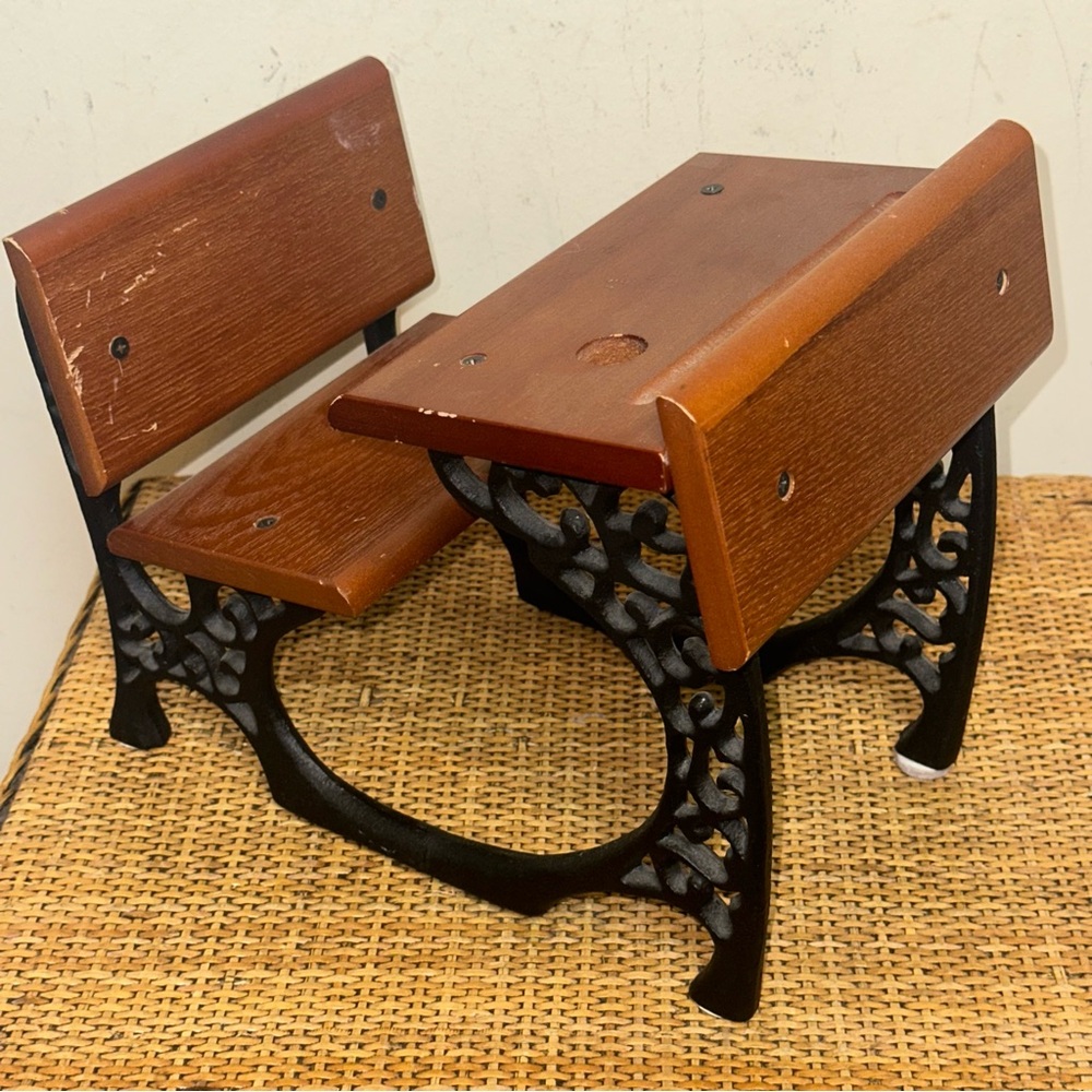 Vintage American Doll School Desk Cast Iron Wood Doll Desk Brown Collecting